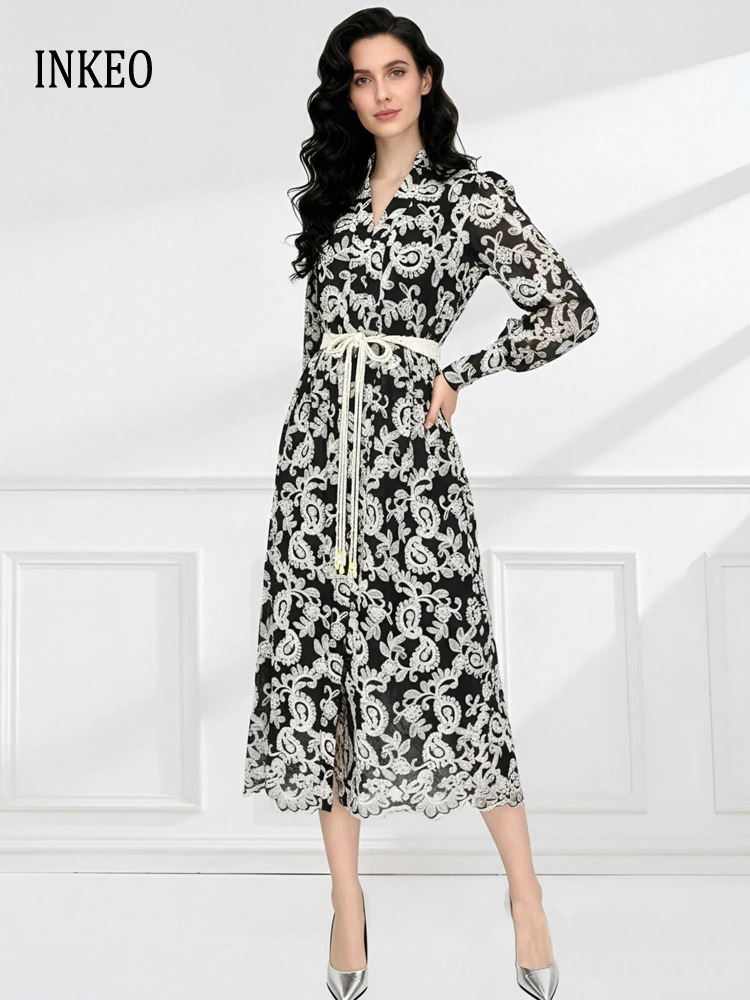 

Пляжное платье миди с v-образным вырезом и длинными рукавами для женщин, 2026, новая коллекция, кружевные платья-рубашки с вышивкой и поясом, винтажные INKEO 5D269