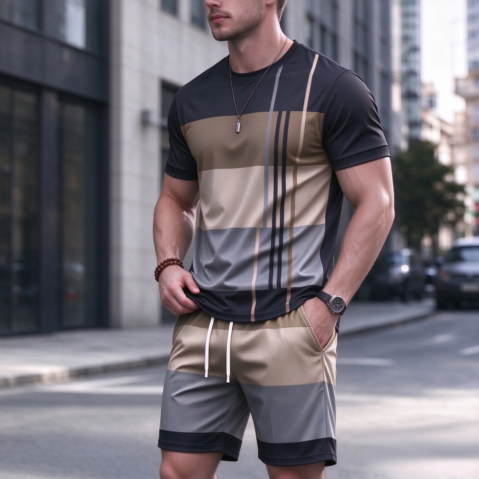 Hot Sale Fashion Men 2 Piece Outfit, Comfortable Polyester 3D Print Color Block Crew Neck T-shirt & Shorts Casual Tracksuit