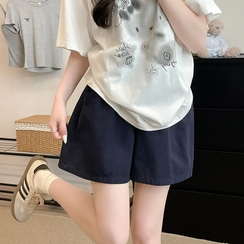 

Casual Shorts for Women's Fashion Elastic Waist Loose Fold Cargo Wide Leg Shorts Solid with Pocket Outerwear-style Sports Shorts