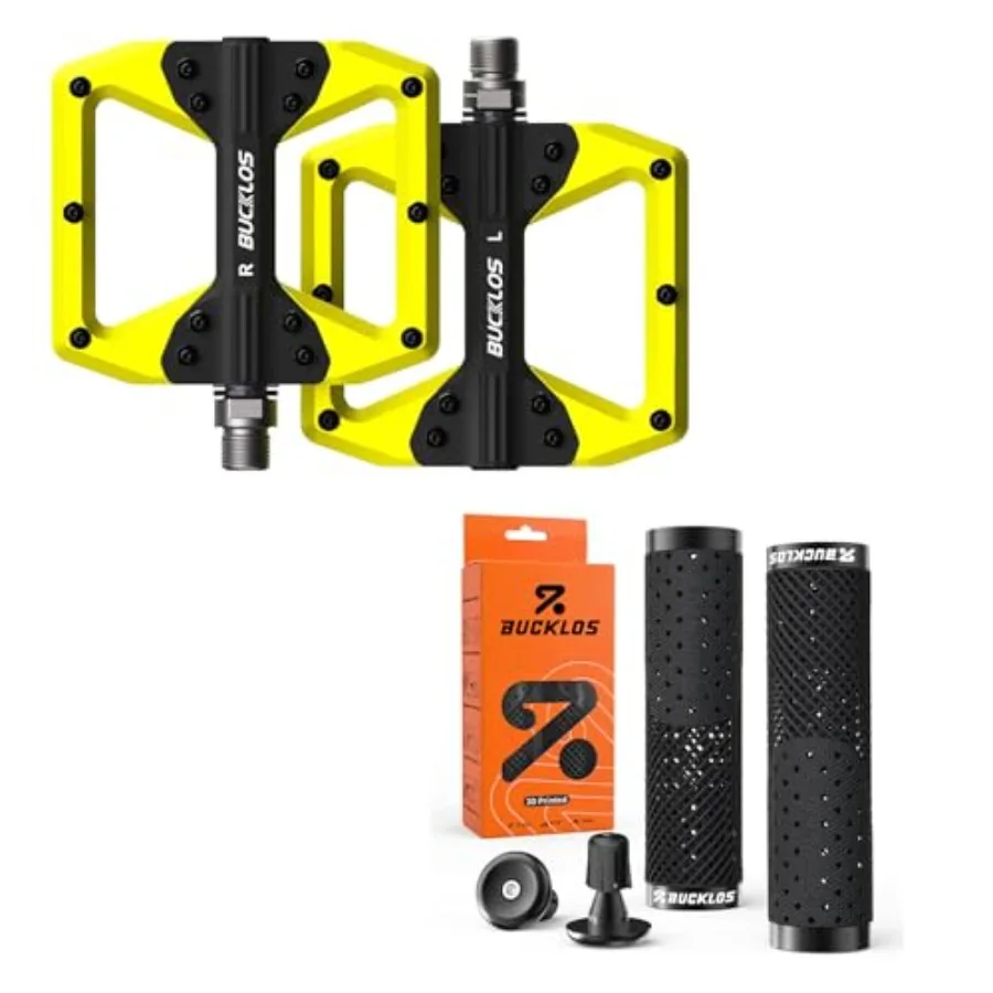 

MTB Yellow-Black Flat Pedals Mountain Bike Pedals Aluminum Alloy Non-Slip Pedal and GR800 3D Printed Black TPU Non-Slip Bike Ha