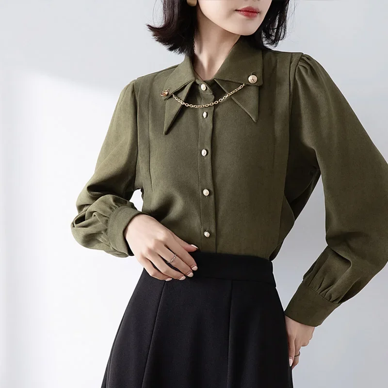 

Juspinice Army Green Single-breasted Women Corduroy Shirt Long Sleeve Double-layer Collar Chain Design Retro British Style Top