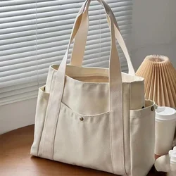 Canvas Commuter Women's Bag Large Capacity Multi Outer Pocket Zip Shoulder Bag Student Shopping Tote Bag