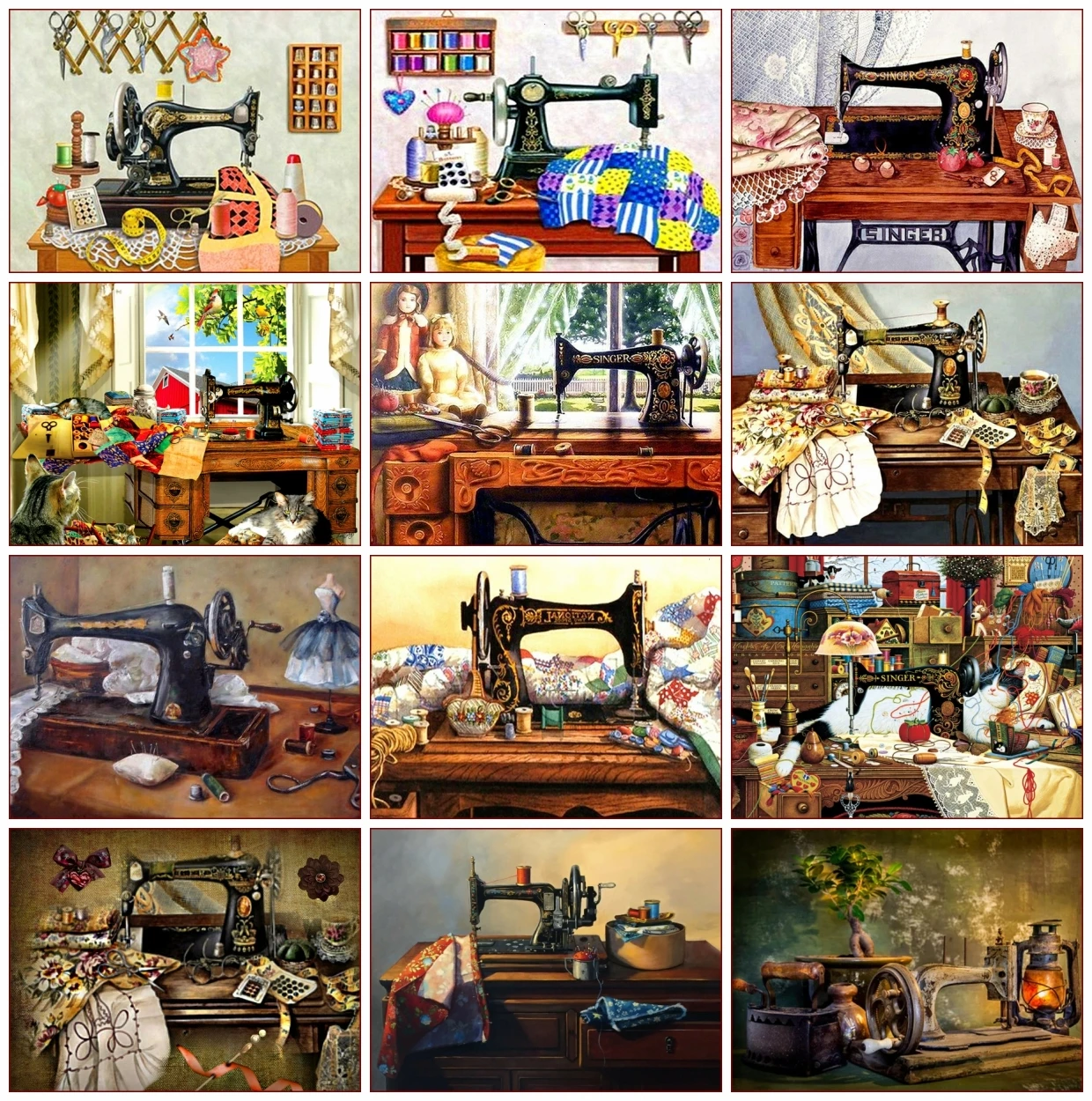 AZQSD Diamond Painting Sewing Machine Cross Stitch Kits Rhinestones Full Drill Embroidery Landscape Mosaic Handmade Home Decor