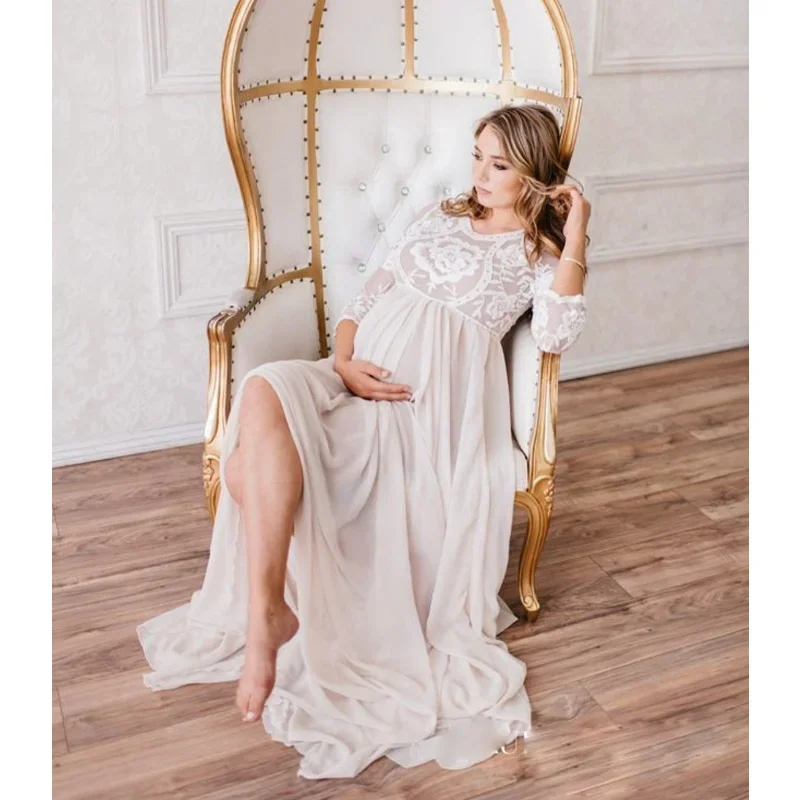 New Maternity Lace Chiffon Trailing Dress Pregnant Women Pregnancy Spring Autumn Maxi Gown Photography Prop See Through Clothing