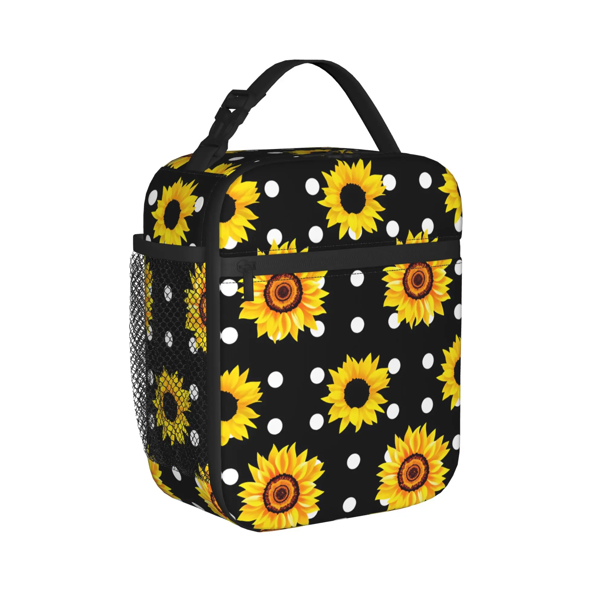 Sunflower Polka Dot Noir Lunch Bag For Men  Custom Office Lunch Box Aesthetic Portable Insulated Oxford Cooler Bag