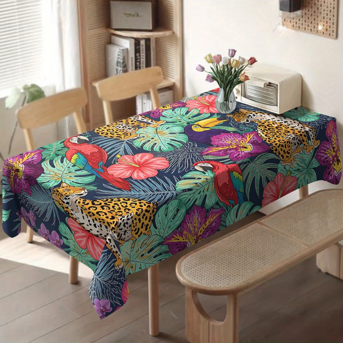 Nautical Ocean Seashell Print Polyester Tablecloth - Decorative Dining Table Cover, Stylish Coastal Themed Home Table Decoration