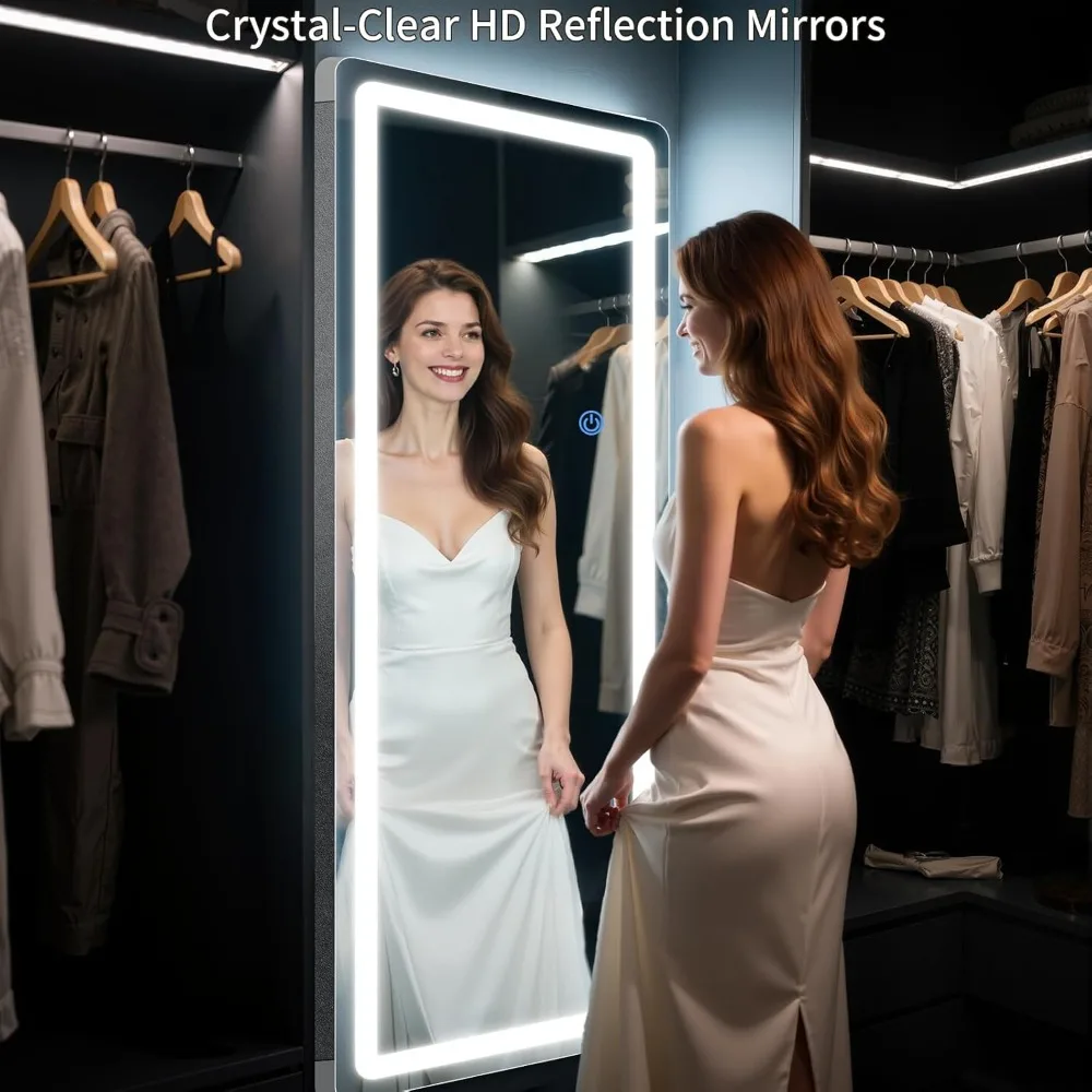 Dimmable Full-Length Floor Mirror with Rounded Corners, 3 Color Modes, 76x34 inches, Full Body Mirror Stand