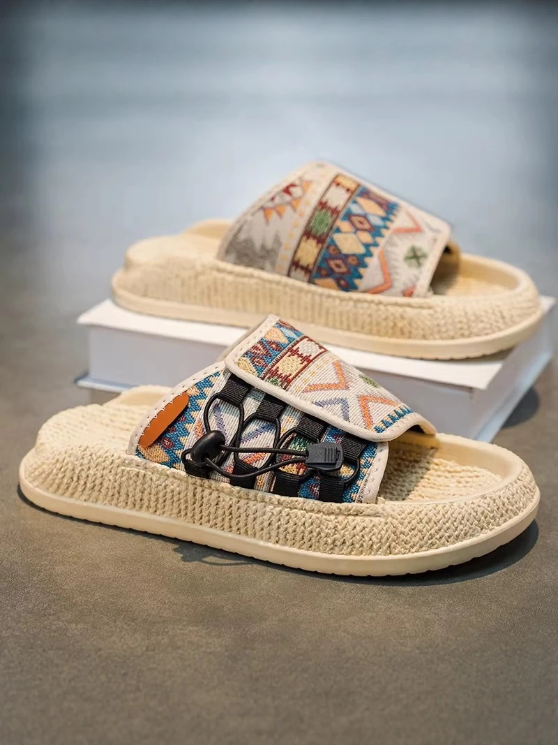 Men's Summer Fashion Sandals Outdoor Anti-slip Wear-resistant Magic Tape Flat Bottom Sports Beach Shoes Soft Sole Casual Slip...