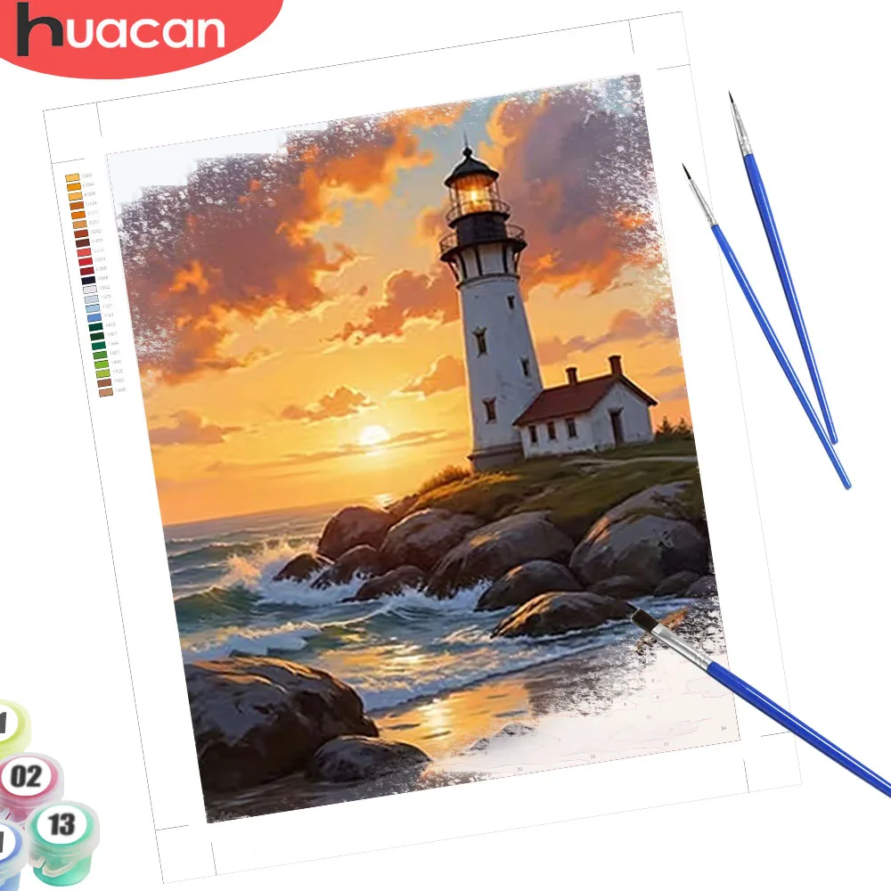 HUACAN Malen nach Zahlen, Leuchtturm-Landschaftskunst, Zeichnen und Ausmalen nach Zahlen, Sonnenuntergang am Meer, handgefertigte Heimdekoration, DIY-Geschenk