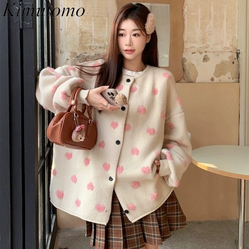 Kimutomo Heart Jacquard Oversized Cardigan Women Contrast Sweet Single Breasted Knitted Cardigans Korean Chic Kawaii Swewater