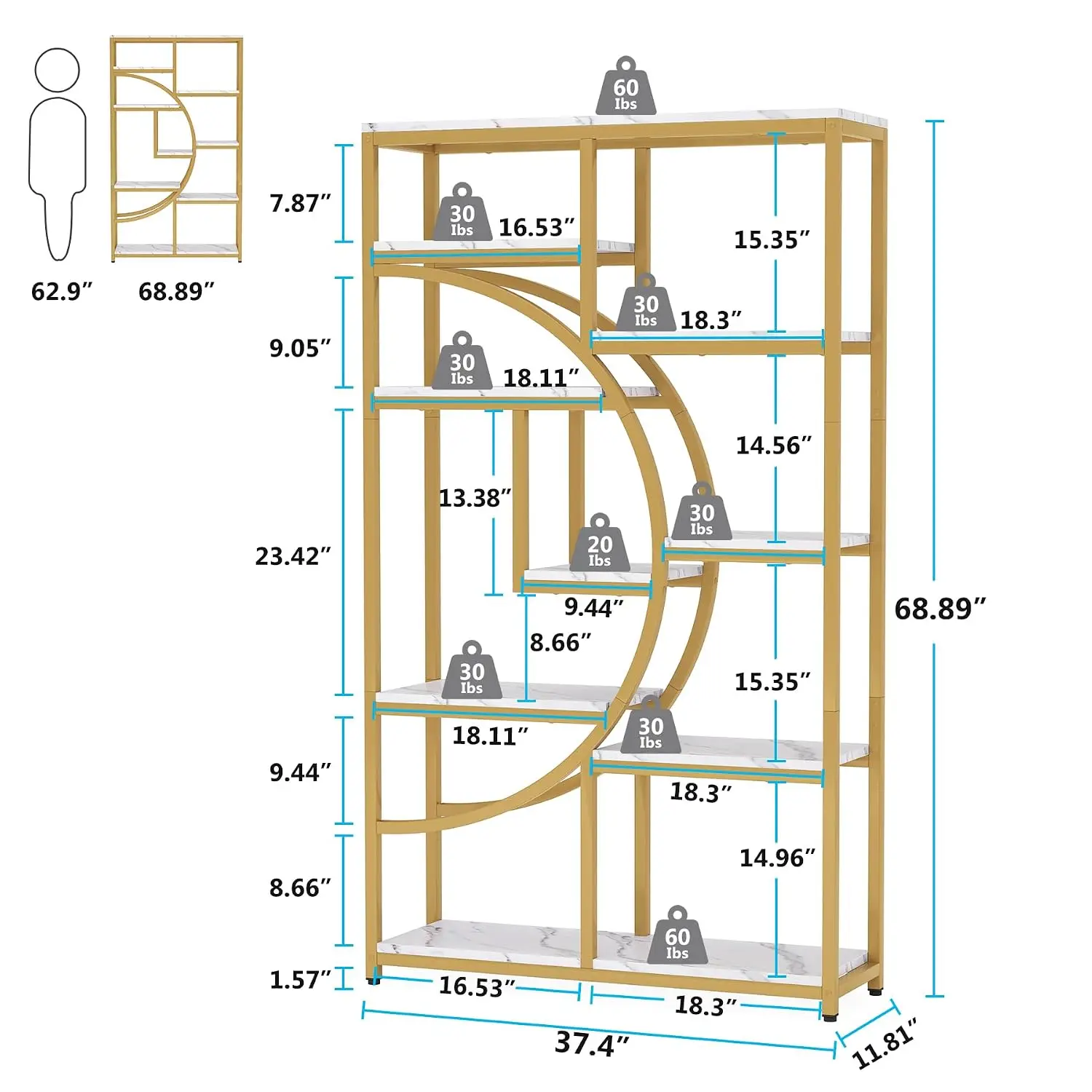 Industrial Etagere Bookshelf 5-Tier Open Display Shelf for Living Room Office Bedroom Gold 2-Pack, Customized