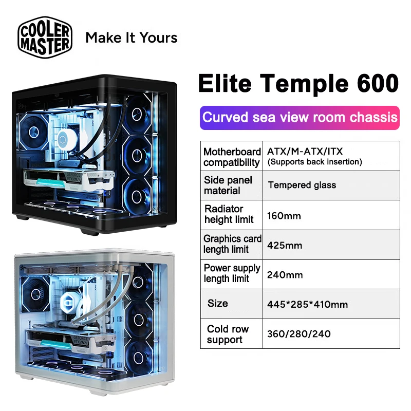 Cooler Master Elite 600 ATX Desktop Computer Case Curved Glass Sea View No Pillar Design Type-C Interface Chassis
