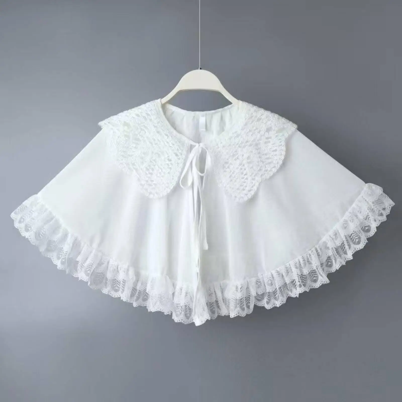 Trim Shawl Lightweight Summer Poncho Ruffled Hem White Lace Capelet for Women,
