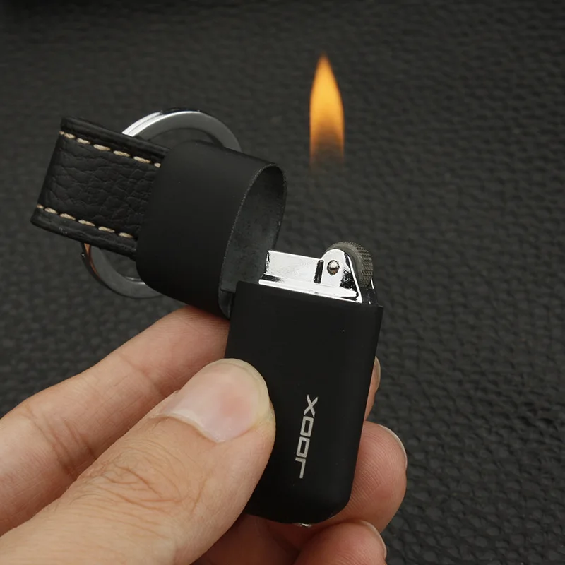 Mini Flint Wheel Lighter with Keychain, Refillable Gas Lighter with Leather Strap, Compact Metal Keyring Lighter for Everyday