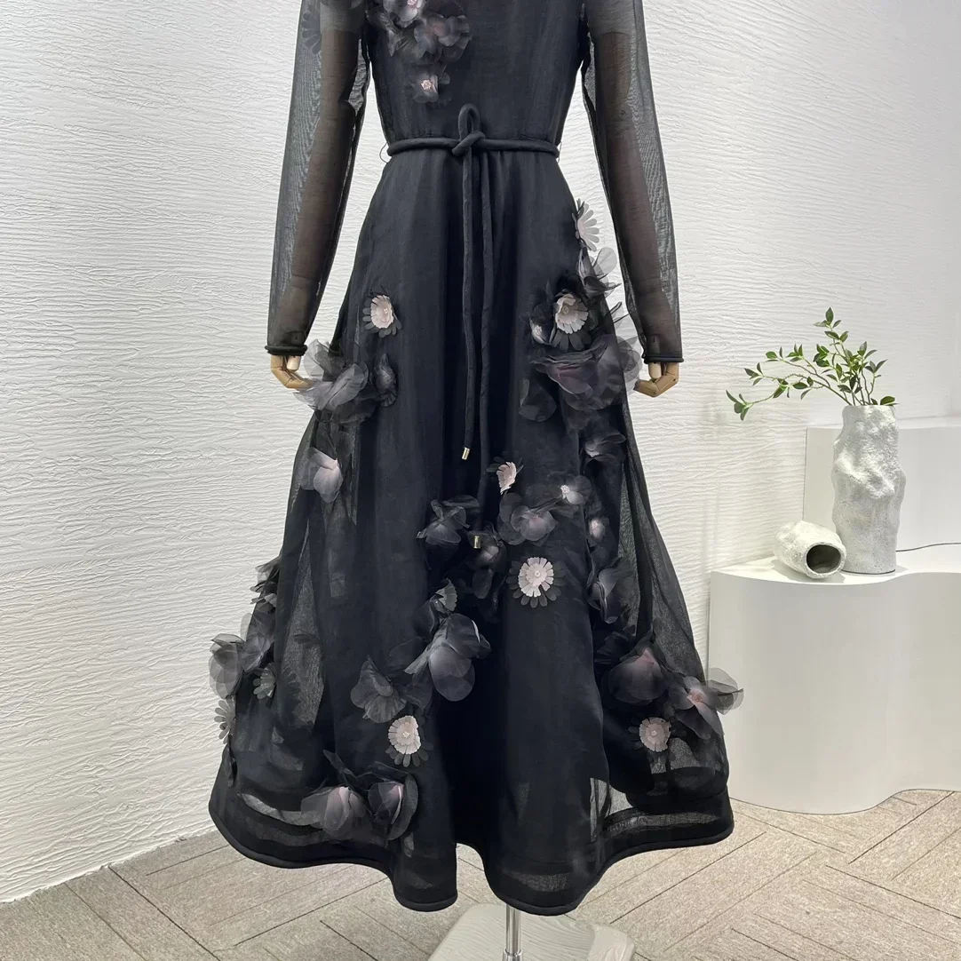 Ultimo nuovo abito longuette da donna con lacci patchwork floreale a margherita tridimensionale a maniche lunghe nero 2024