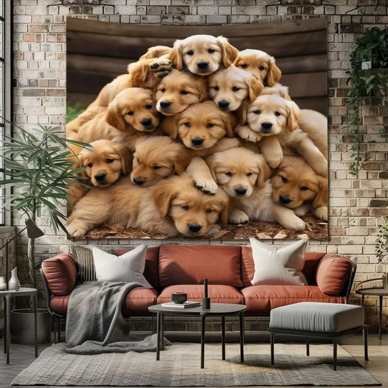 Adorable Stacked Golden Retriever Puppies Tapestry Lifelike Dog Pile Wall Art, Living Room Kids Room Decor suitable offices bars