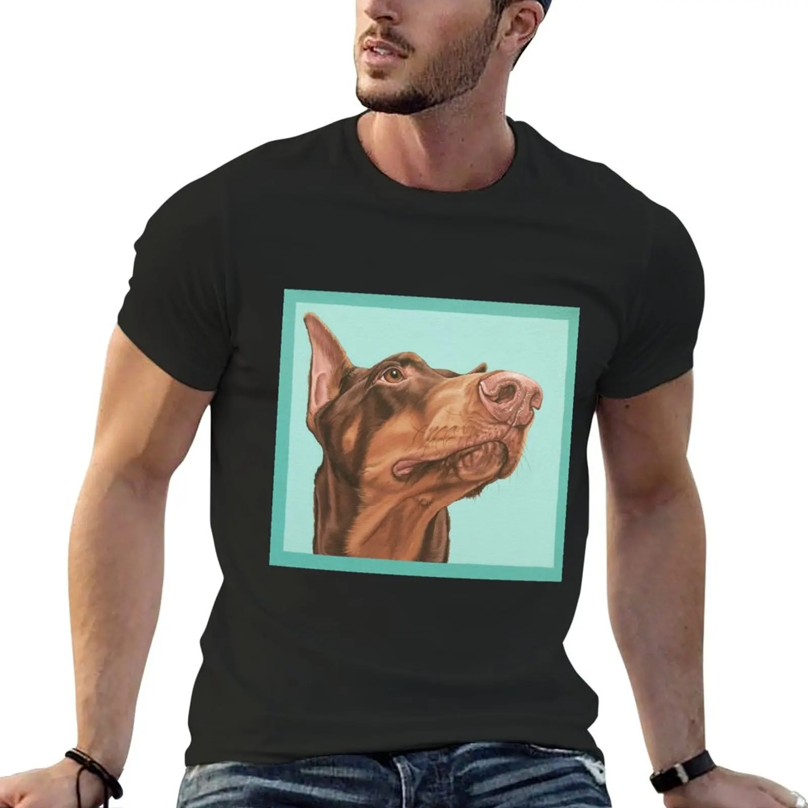 Regal and Majestic Red Doberman Pincher Painting, Dobie Dog Portrait T-Shirt cotton graphic tees plus size tops mens clothes