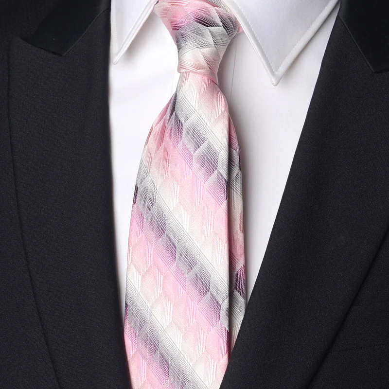 

High Quality Fashionable Pink Geometric Stripe 100% Silk 8CM Wide Tie Men's Business Banquet Shirt Accessories Real silk Cravat