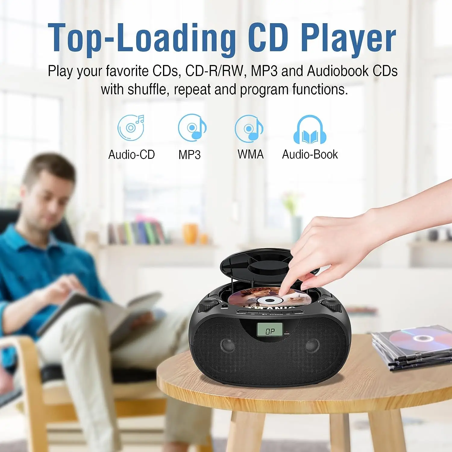 Portable Stereo CD Player Boombox with AM/FM Radio, Bluetooth, USB, AUX-in, Headphone Jack, CD-R/RW and MP3 CDs Compatible,