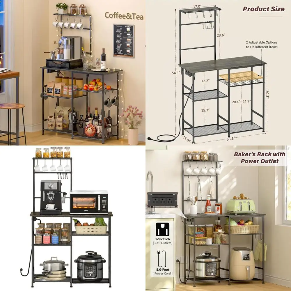 

Серая 6-ярусная кофейная станция с розеткой, подставка для микроволновки и 10 S-образными крючками для хранения специй и кастрюль