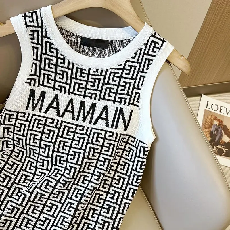 Summer Vintage Sexy Letter O-neck Sleeveless Tank Top Femme Trend All-match Elasticity Pullover Top Tee Women\'s Clothing Trend