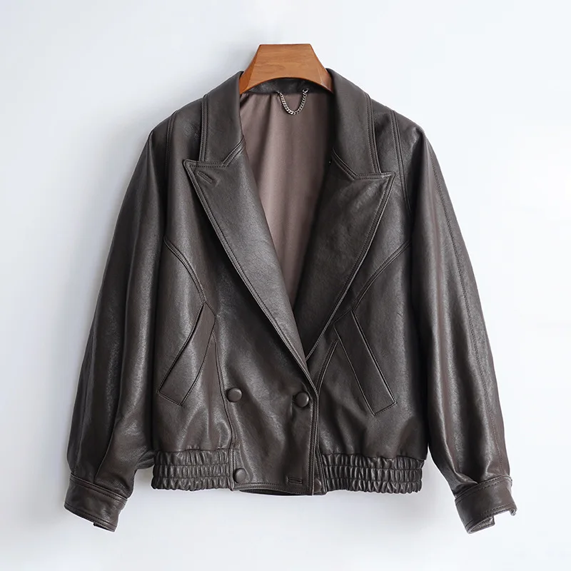 

Genuine leather jacket for women Maillard suit collar silhouette jacket, all vegetable tanned sheepskin jacket