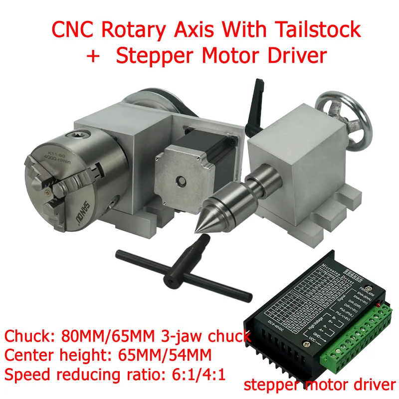 

CNC 4th Axis Rotary Axis With Chuck 80MM 65MM WIth Tailstock For CNC Router Engraver Milling Machine