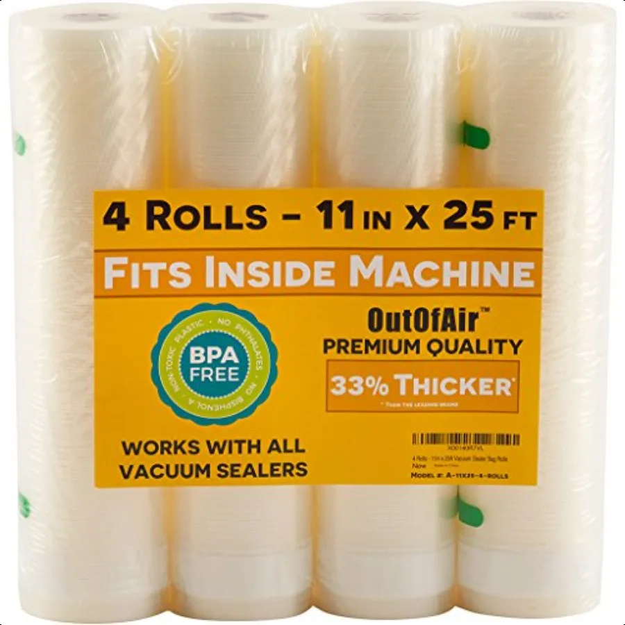 

Vacuum Sealer Rolls 11 x 25 4 Pack 100ft HeavyDuty 33 Thicker BPAFree Works with FoodSaver Weston Anova More Food Storage Sous