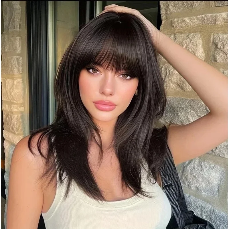 Real  Hair New Fashion Long Natural Dark Brown Straight Full Wigs 16 In