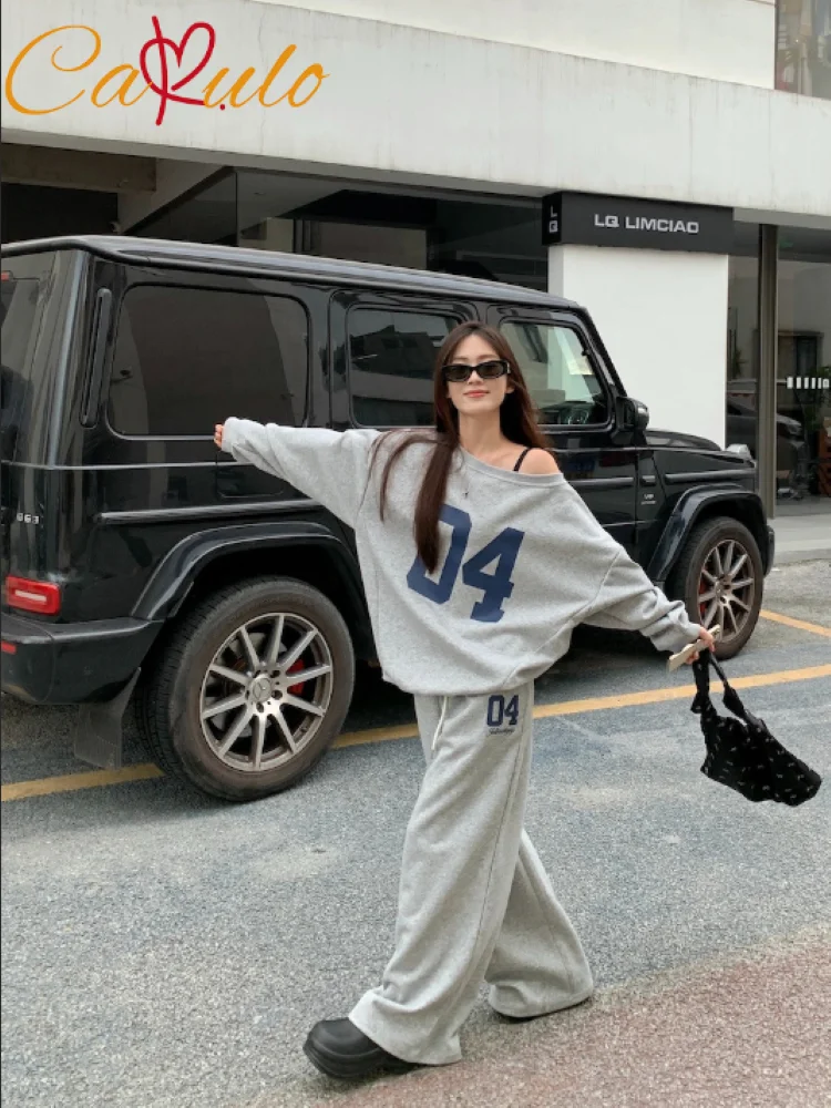 Retro Sports Temperament Set Women Autumn 2024 New Casual Print Long Sleeve Hoodie High Waist Drape Pants Two-piece Set