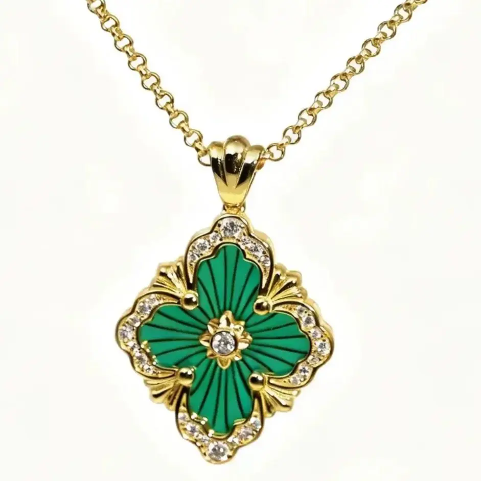

Thick Rhodium Plated 925 Sterling Silver jewelry，Encounter Timeless Elegance,Unveil Dazzling CharmGreen Enamel Necklace