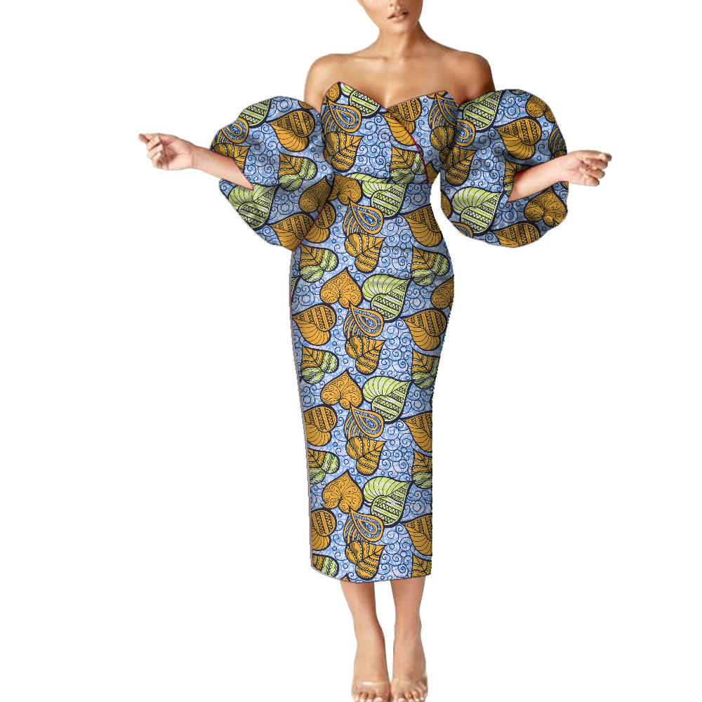 African Dresses for Women African Wax Print Off Shoulder Puff Sleeve Maxi Dress Fashion Ankara Midi Dress Vestidos 6XL WY9257