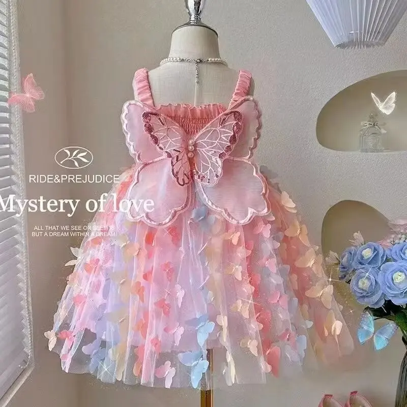 

Summer Girls' Princess Party Birthday Dress Bow Fairy Strap Butterfly Back Bow Wings Fairy Strap Embroidered Butterfly Mesh Dres