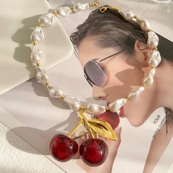 1pc Copper resin cherry pendant beaded irregular pearl necklace, suitable for women everyday and party wear