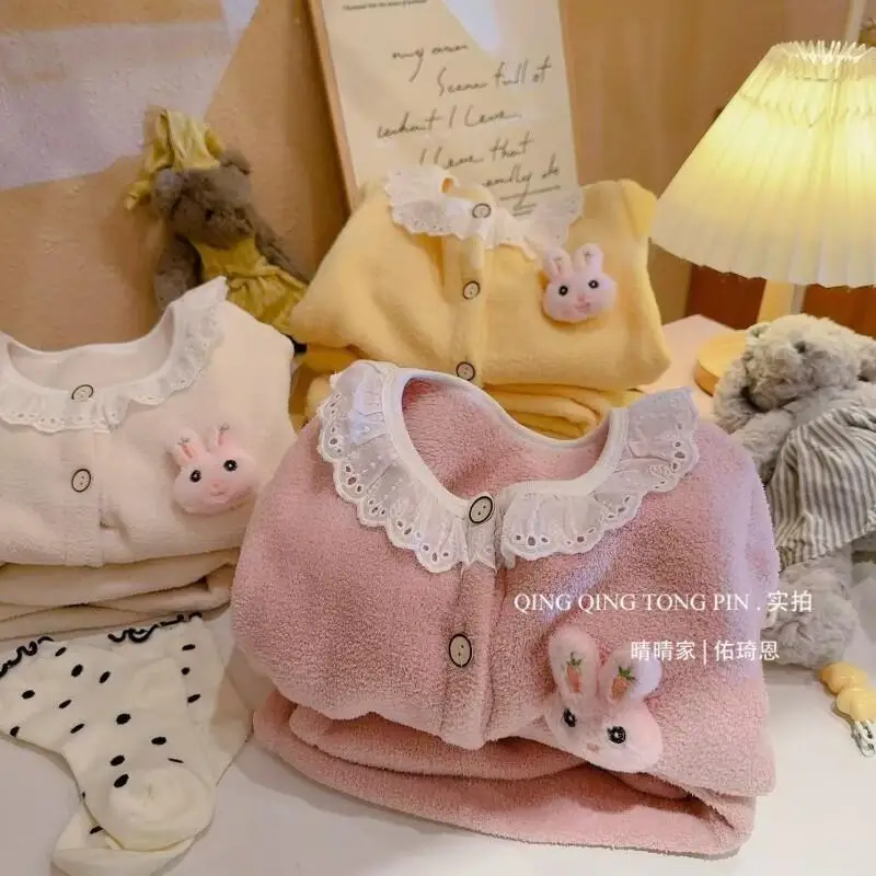 Kawaii Casual Coat Set Fashion 2 Piece Set Childrens Clothing Lace Homewear Kids Winter Outfit Girls Round Neck Two Piece Set