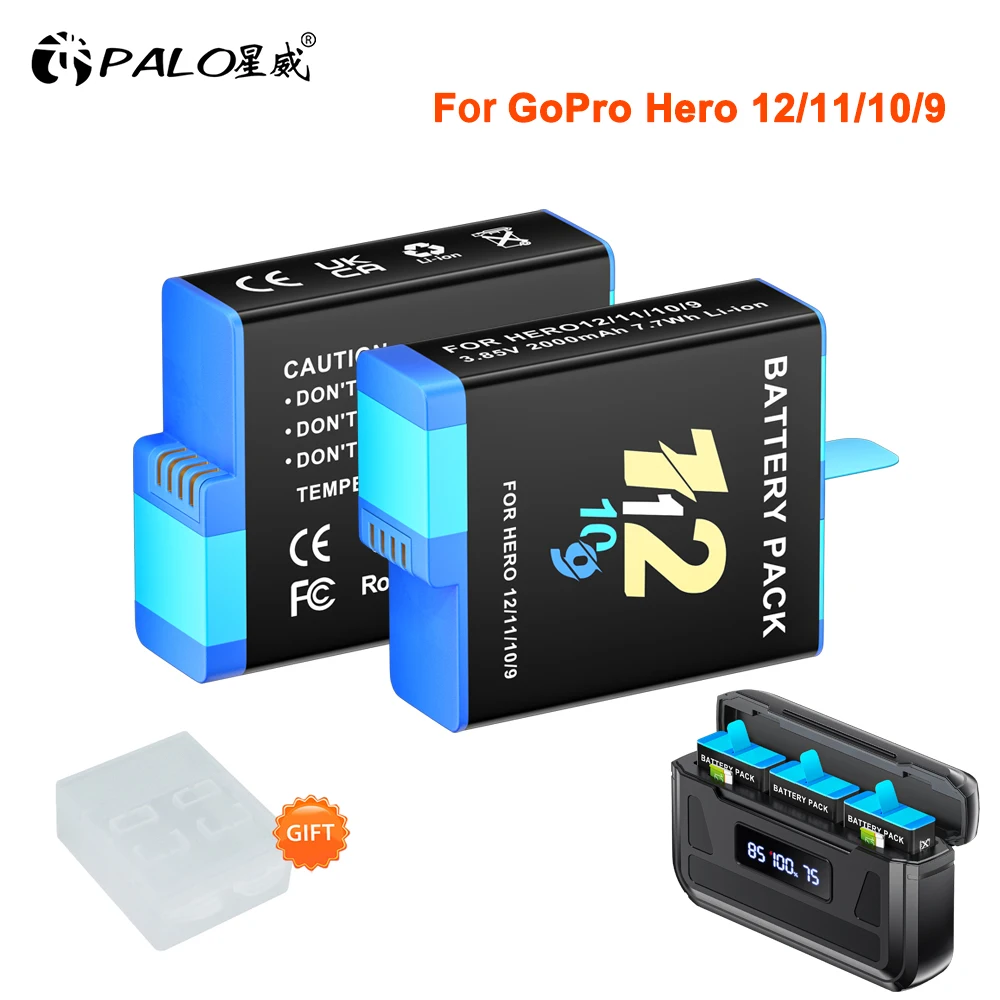 PALO Battery for GoPro Hero 12 11 10 9 2000mAh Battery+3 Ways Fast Charger Box for GoPro 12 11 Go Pro 10 9 Camera Accessories