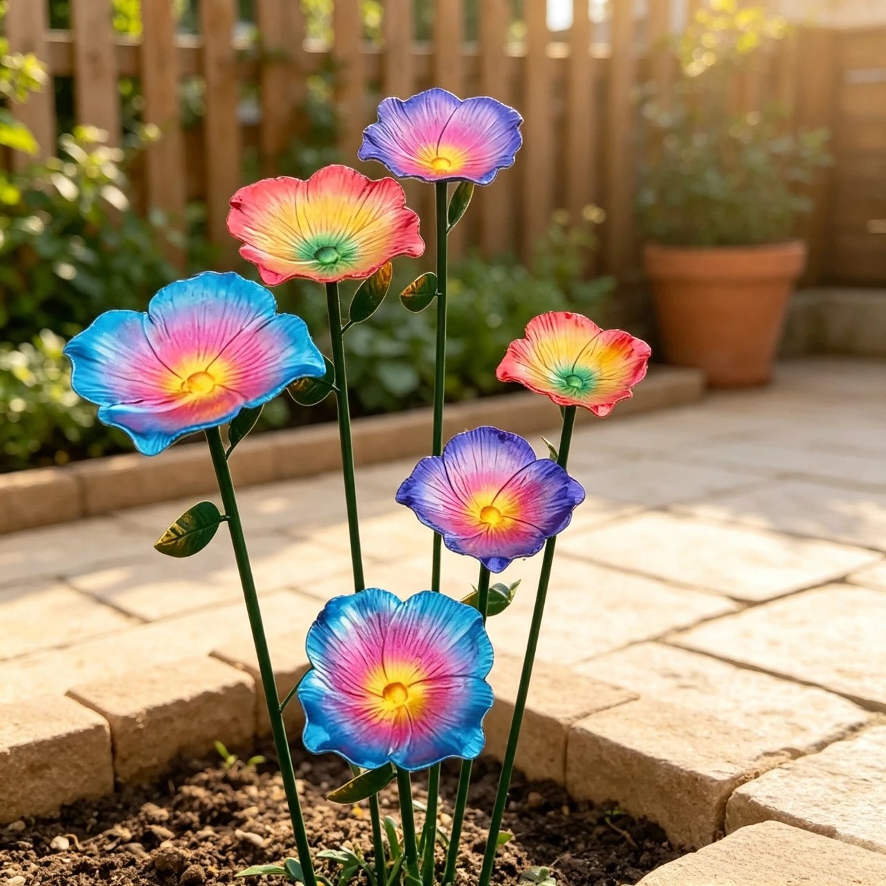 Flower Shaped Metal Bird Bath Stake Colorful Garden Decoration for Bees Butterflies Outdoor Yard Patio Lawn Art Ornament