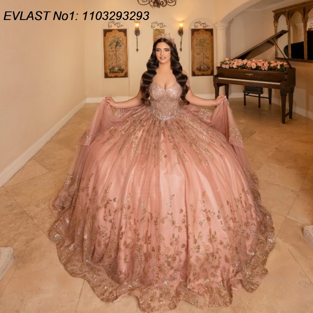 EVLAST Customized Mexican Blush Pink Quinceanera Dress Ball Gown Floral Applique Beading Bow Sweet 16 Vestidos De 15 Anos AQ282