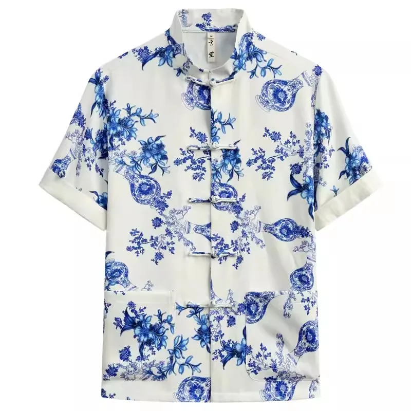 Blue And White Porcelain Print Shirts For Men Frog Tang Costume Summer Quality Loose Fit Chinese Style Premium Camisas De Hombre