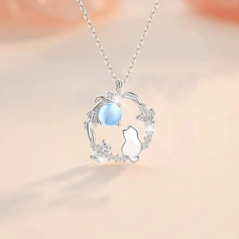 Moonlight Crystal Cat Necklace for Women Light Luxury Cute and High End Ins Style 925 Silver Necklaces Girl Gift KOFSAC