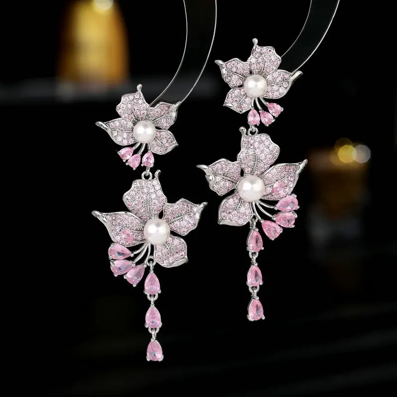 Micro Inlay Exaggerated Elegant Heavy Craft Earrings Trendy High-end Long Tassel Water Drop Three-dimensional Pearl Flower