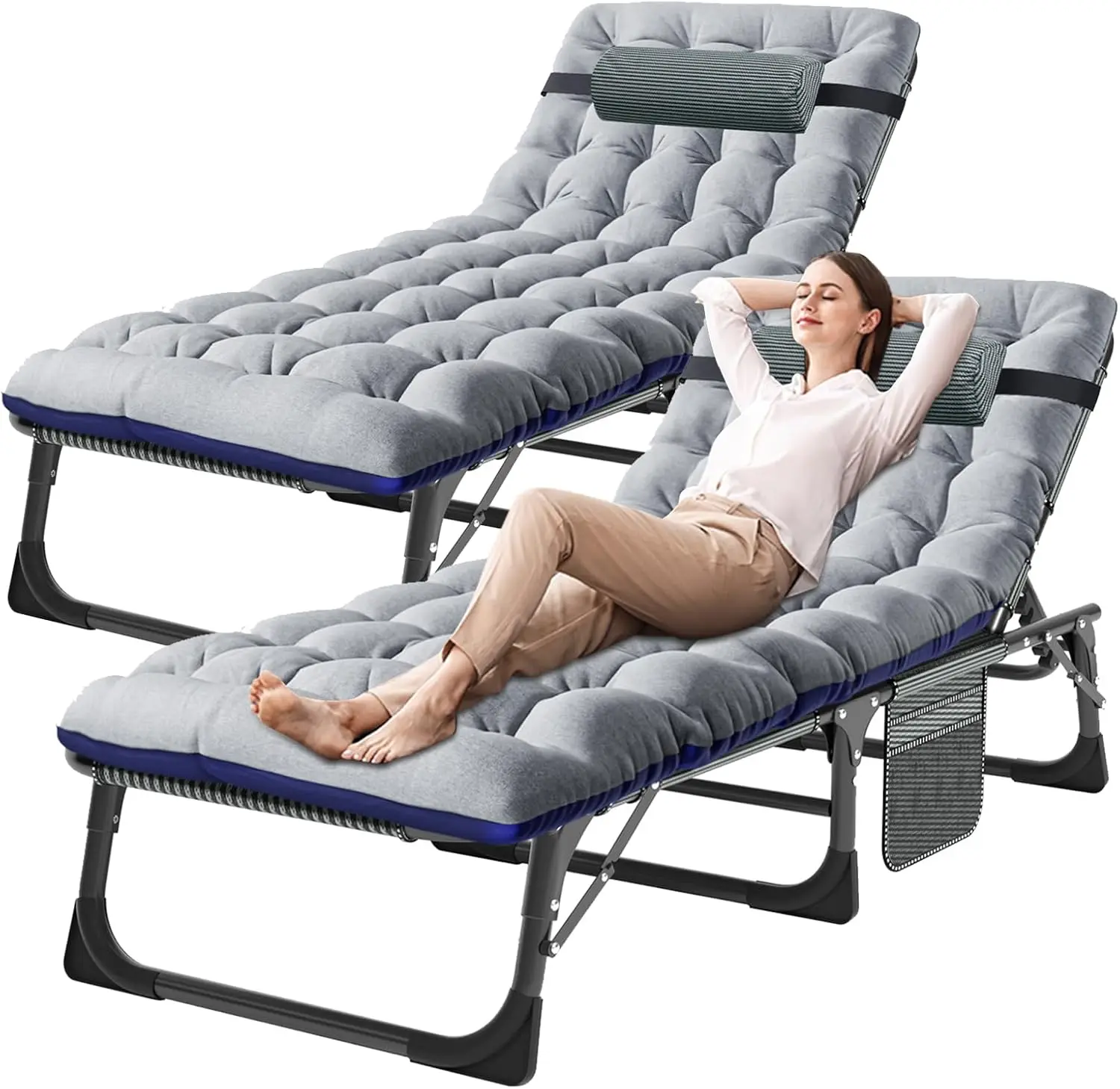 

1 With Mattress, 5 Position Adjustable Folding Sleeping Bed Cot Chaise Lounge Chairs Perfect For Sunbathing,