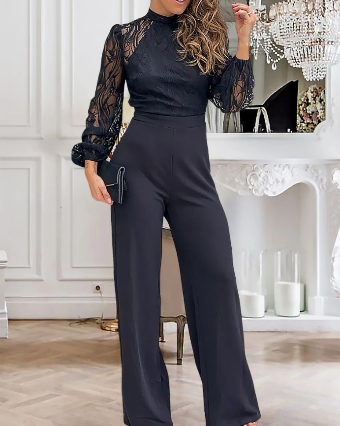 Jumpsuit Women 2025 New Contrast Lace Stand Collar Tied Detail Backless Straight Pants Lantern Sleeve Jumpsuit Elegant Overall