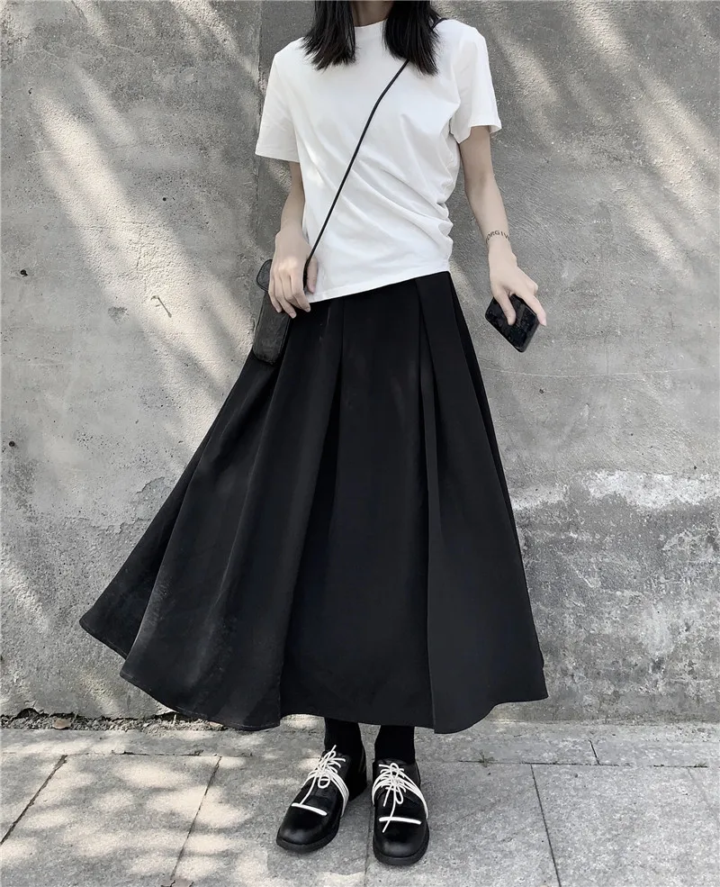 

Dark A-Line Midi Skirt Pleated Slimming Summer Versatile Little Black Dress Hanging Sense Covering Hip Commute High Waist Lon...