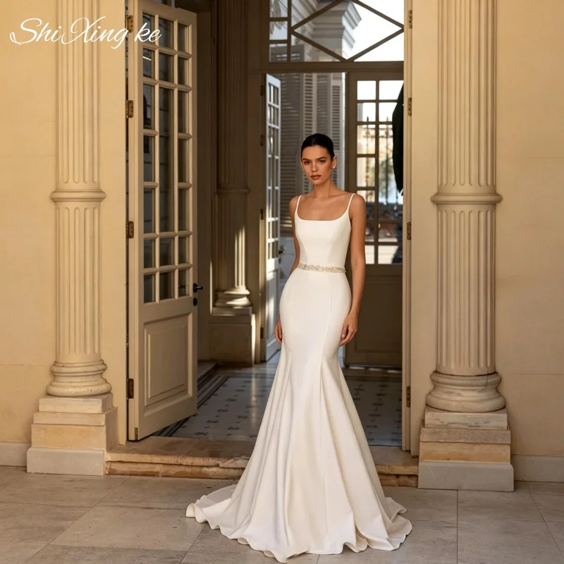 Corset Bodice Satin Bridal Gown 2026 Square Neck Fit And Flare Court Train Vestidos De Novia Customized