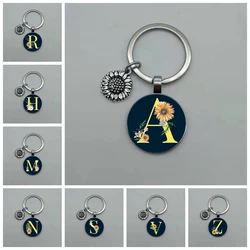 Fashion Jewelry Dome Glass Metal Keychain 26 English Alphabet A-Z Sunflower Pendant