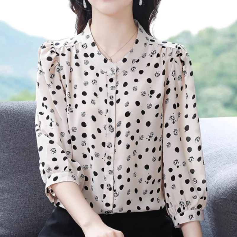Fashion Floral Chiffon Shirt Women's New Summer 3/4 Sleeve Top Mom's Round Collar Print Bottoming Blouse M-5XL