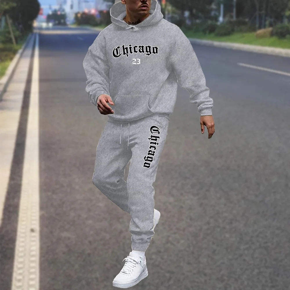 Men's Sets Hoodies and Sweatpants CHICAGO Gothic Letter Print High quality Jogging Suit Streetwear Sportswear Man Tracksuit New