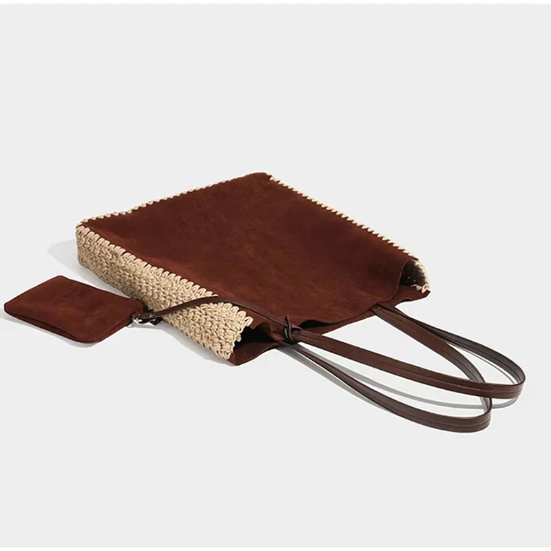 Vintage-Umhängetasche aus Kunstwildleder mit passendem Portemonnaie, Damenhandtasche mit Häkelspitzenbesatz, elegante Colorblock-Tragetasche für Herbst und Winter – Detail 2