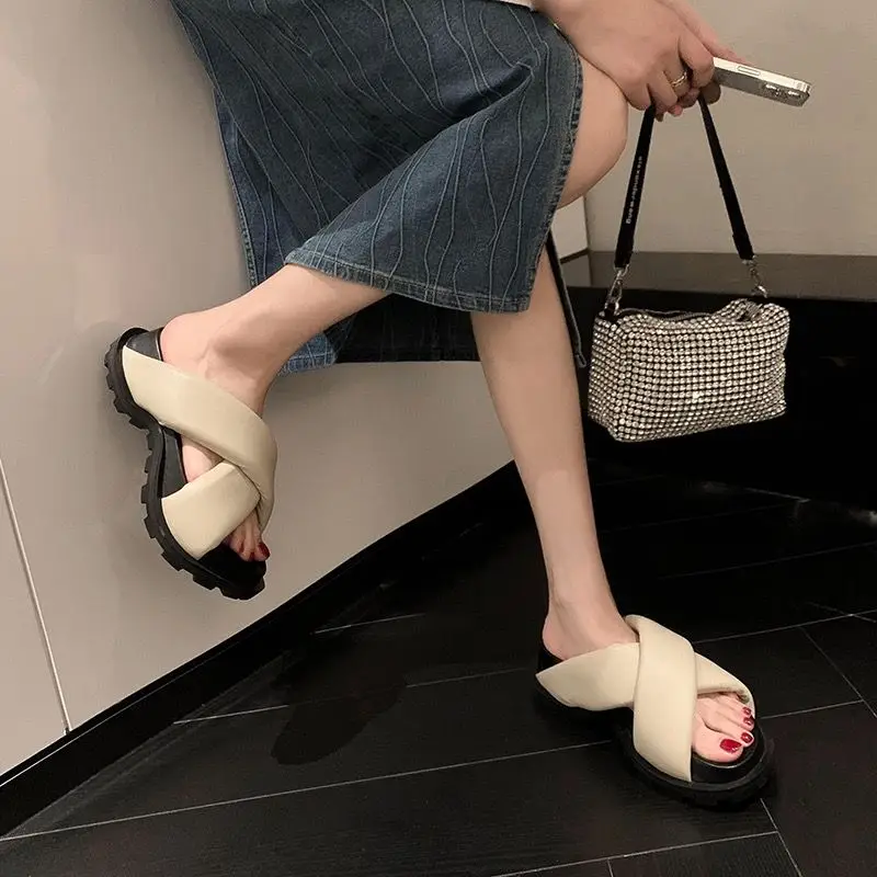 Summer Height Slides High Up to 5cm Heel Woman Slippers Off White Sandals Rubber Open Toe Shoes for Women 2024 Easy Wears Casual